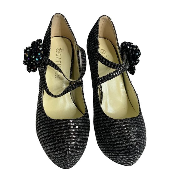 Gatuxus Metallic Platform High Heels Womens 7 Black Silver Straps Flower - Picture 2 of 9